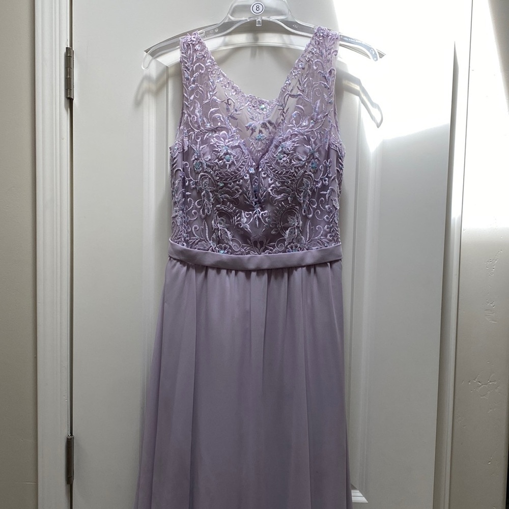 Beautiful full length periwinkle bridesmaid dress.